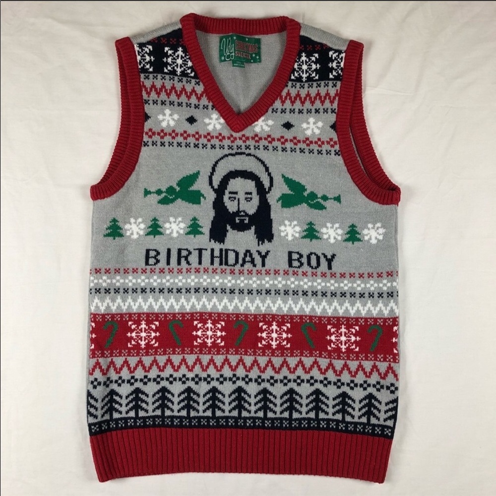Birthday Boy Jesus ugly Christmas sweater vest S